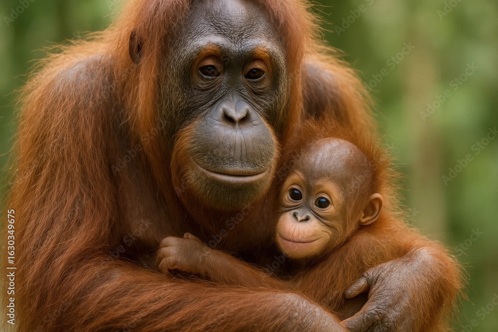 Fototapeta premium A mother orangutan cradles her young in a serene forest embrace