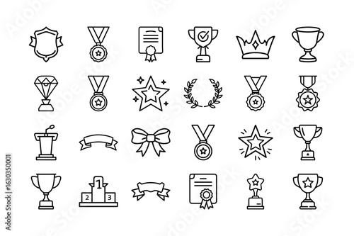 Awards Vector Icon Set. Trophy, medal, certificate, ribbon, star, crown, achievement, winner, podium, reward, victory, and more. Editable stroke. Vector illustration.
