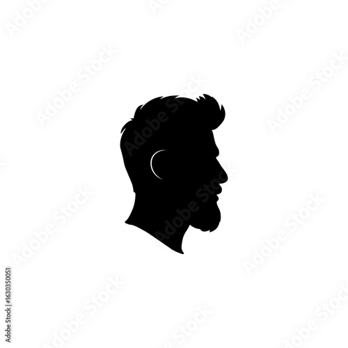 Stylized silhouette of a man in profile view with a thick beard and voluminous hairstyle. Vector illustration ideal for grooming-related designs, logos, and icons.