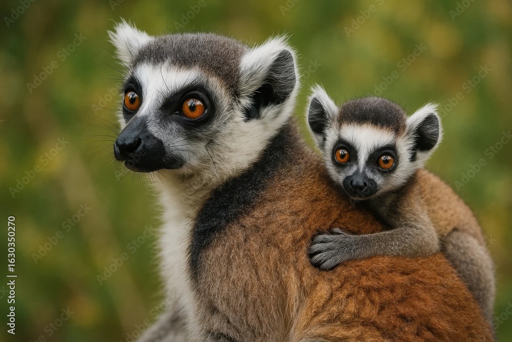 Obraz premium A tender moment of connection as a young lemur clings securely to its mother amidst the verdant embrace of nature