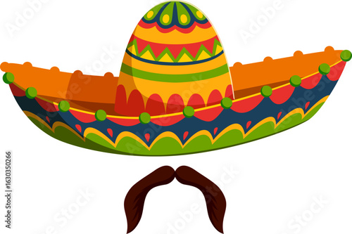Cartoon Mexican mariachi sombrero hat with moustaches, Cinco de mayo holiday accessory. Isolated vector Mariachi musician or charro cap adorned with bright patterns, symbolizes Latin American culture