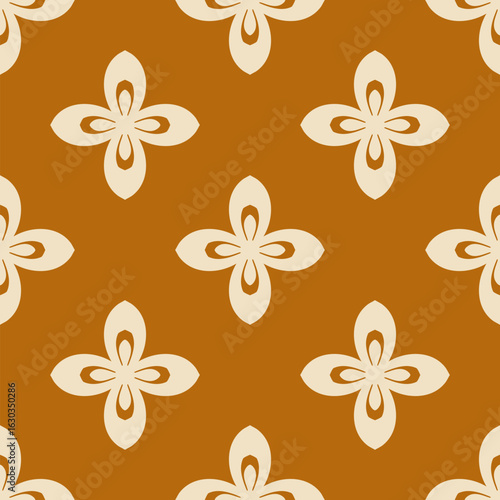 Abstract cute vector seamless pattern. Simple floral ornament with bold funky flower silhouettes. Vintage caramel and beige color texture. Retro nostalgic old-fashioned background. Repeated geo design