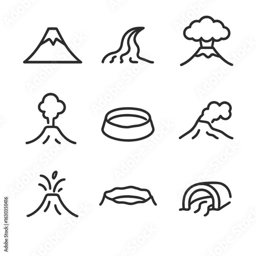 Volcanic Icon Set. Outline icon set of volcanic environments: volcanic cone, lava flow, ash cloud, fumarole, crater lake,