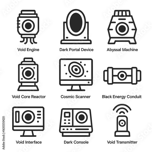 Void Technology Icons. Outline icon set of void technology: void engine, dark portal device, abyssal machine, void core reactor,