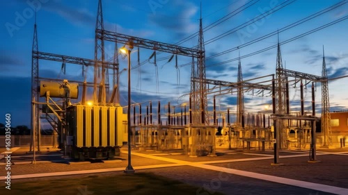 View of a power substation at dusk, highlighting the electrical grid infrastructure essential for power distribution and energy transmission.
