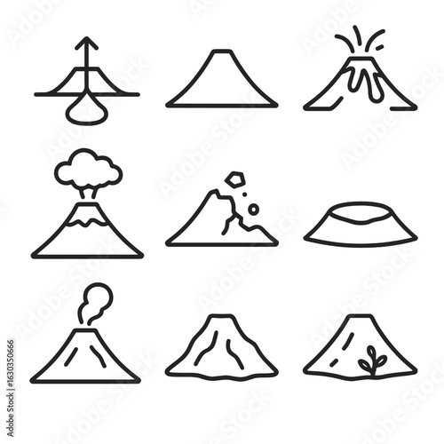 Volcanic Formation Stages. Outline icon set of volcanic cone formation stages: magma ascent, cone building, lava extrusion, ash