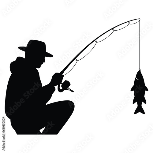 Illustration of fisherman with caught fish isolated on white