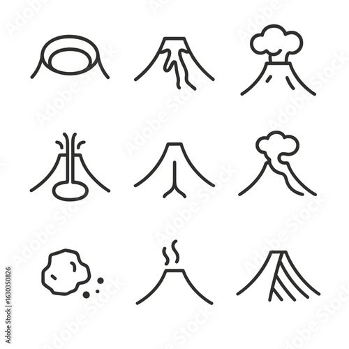 Volcanic Structure Icons. Outline icon set of volcanic cone structure: crater, lava flow, ash cloud, magma chamber, volcanic vent,