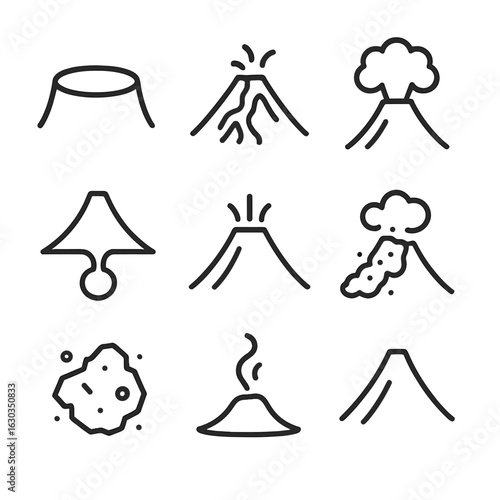 Volcanic Structure Icons. Outline icon set of volcanic cone structure: crater, lava flow, ash cloud, magma chamber, volcanic vent,