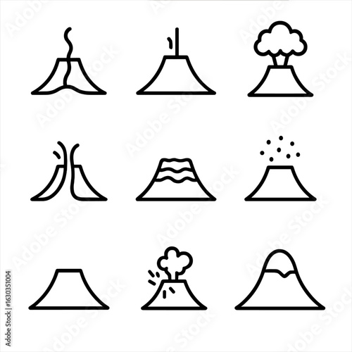 Volcano Eruption Stages. Outline icon set of volcanic eruption stages: magma rise, vent opening, ash plume, lava effusion, lava
