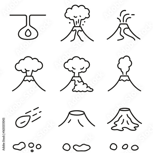 Volcano Eruption Icons. Outline icon set of volcanic eruption stages: magma chamber, vent eruption, lava outflow, ash cloud,