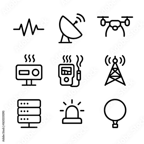 Volcano Monitoring Icons. Outline icon set of volcano monitoring technology: seismic sensor, satellite dish, drone, thermal sensor