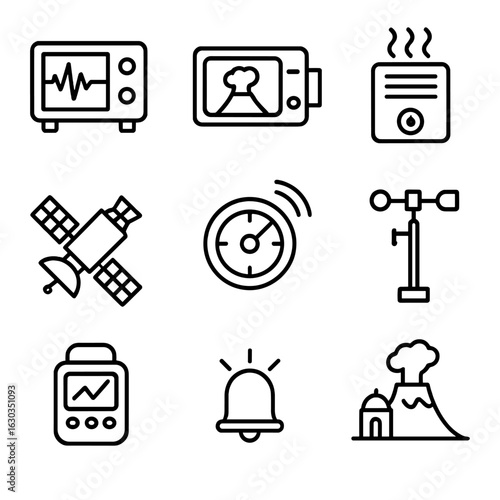 Volcano Monitoring Icons. Outline icon set of eruption monitoring: seismograph, thermal camera, gas sensor, satellite, radar,