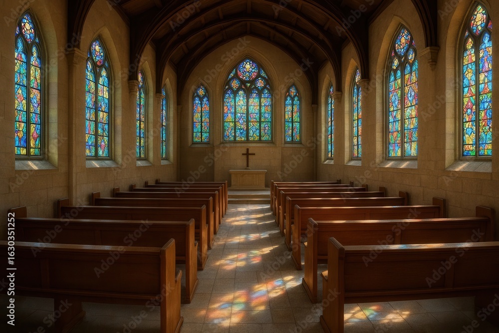 Fototapeta premium A Gothic chapel bathed in the warm glow of stained-glass windows, inviting contemplation and spiritual reflection