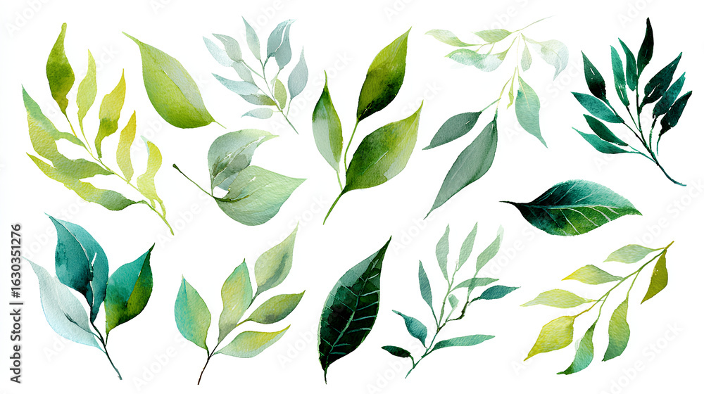 Fototapeta premium Set of watercolor green leaves elements. Collection of botanical isolated on white background suitable for wedding invitation, save the date, thank you, for greeting card. Delicate decorative branches