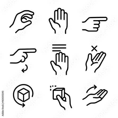VR Gesture Icon Set. Outline icon set of VR gestures: grab gesture, release gesture, point gesture, teleport gesture, menu open