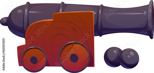 Cartoon pirate cannon weapon with a dark barrel mounted on a wooden wheeled base, accompanied by two black cannonballs. Vector iron artillery gun, old ship tool ready for attack and defense on board