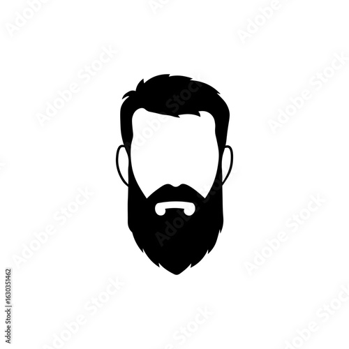 Black vector silhouette of a male head, front-facing, with untidy hair and full, bushy beard. Facial features removed. Perfect for barbershop visuals or modern graphic assets.