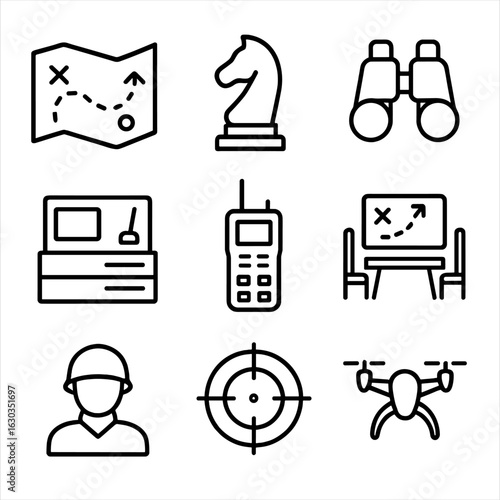 War Strategy Icons. Outline icon set of war strategy: map, chess piece, binoculars, command center, radio communication, war room