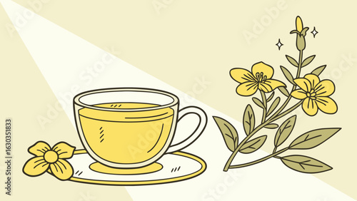 Illustration of a cup of yellow liquid with flowers and leaves on a light yellow background scene drawing