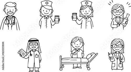 Cartoon collection of diverse healthcare professionals: male and female doctors, nurses, scientists, and a patient, illustrated with medical equipment in black and white line art.