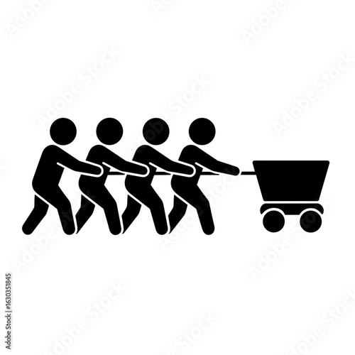 Four people pushing cart icon in solid fill representing teamwork and collective effort