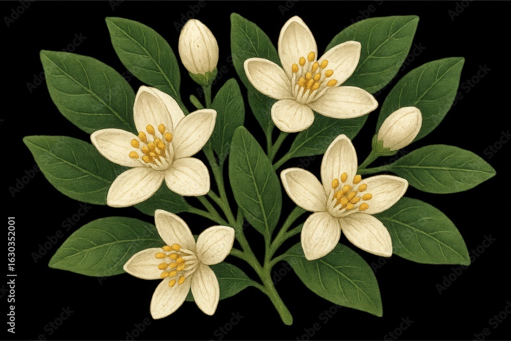 Obraz premium A serene bouquet of white flowers with golden centers, nestled in lush green leaves against a stark black background