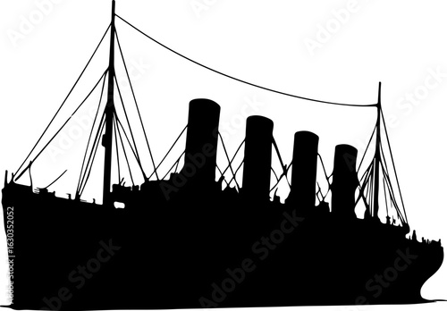 Classic ocean liner with multiple smokestacks and rigging depicted in a stark black silhouette against a white background silhouette
