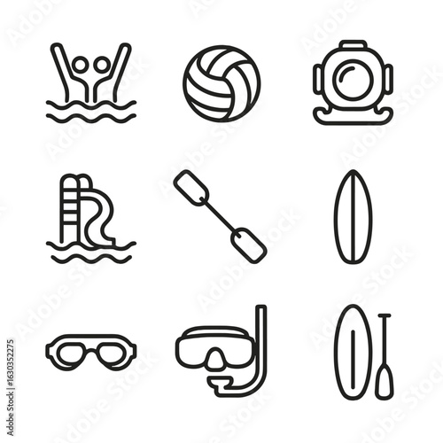 Water Activity Icons. Outline icon set of water activities: synchronized swimming, water polo ball, diving helmet, water slide,