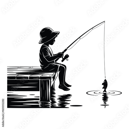 Illustration of child fishing on a dock, isolated on white