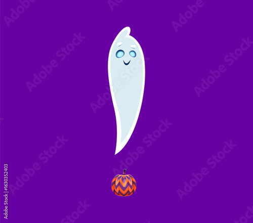 Halloween font exclamation mark ghost cartoon character. Funny ghost character English ABC punctuation sign, Halloween monster personage or spooky creature mascot font typeset vector special symbol