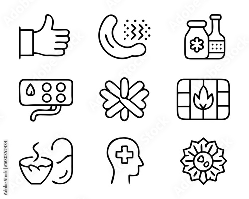 Collection of web icons representing health, wellness, and microbiome concepts for digital applications