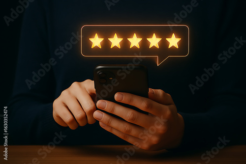 Customer gives five star rating on a smartphone