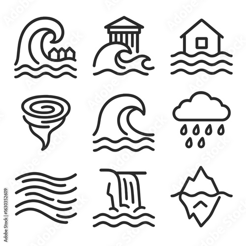 Water Phenomena Icons. Outline icon set of water phenomena: tsunami, storm surge, flood, whirlpool, tsunami wave, rainstorm, river