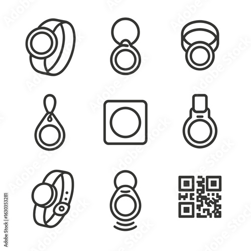 Wearable Fob Icons. Outline icon set of wearable key fob designs: wristband fob, keychain fob, smart ring fob, pendant fob,
