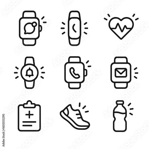 Wearable Device Alert Icons. Outline icon set of blinking wearable device alerts: smartwatch notification blink, fitness tracker