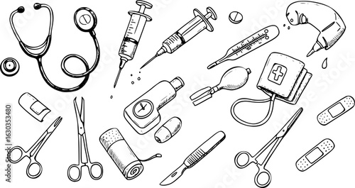 Hand-drawn black and white sketch of medical instruments and healthcare supplies collection: stethoscope, syringe, thermometer, bandages, and surgical tools for doctors and first aid.