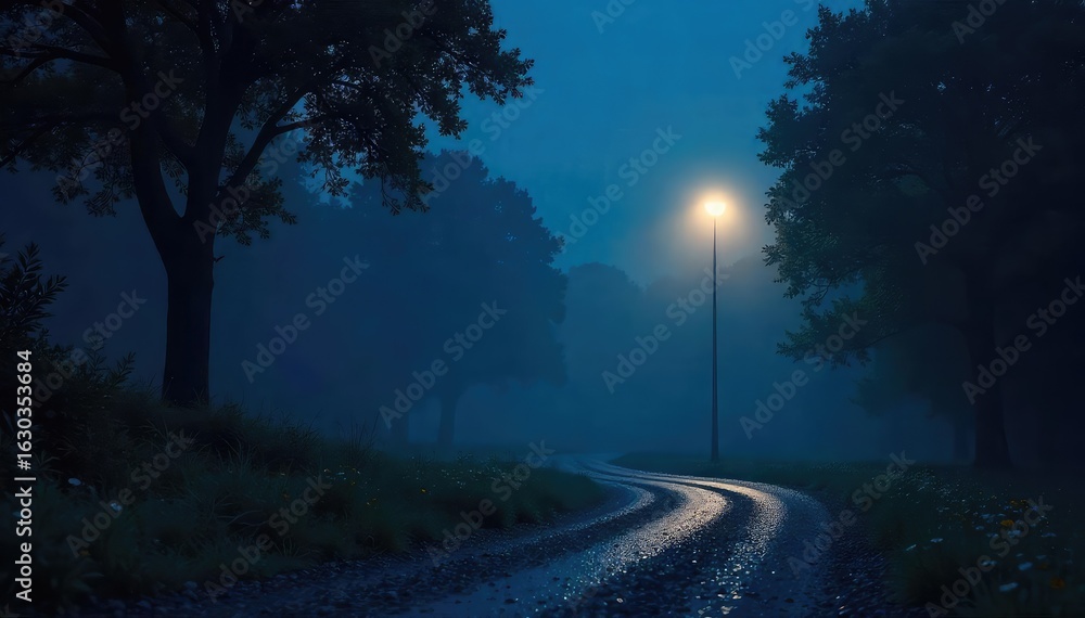Fototapeta premium A single, soft light illuminates the darkness of midnight, casting a gentle glow on a quiet scene Perfect for themes of peace, tranquility, and hope in the night , dark, cosmic