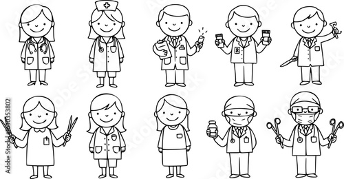 Diverse Black and White Line Art Set of Healthcare Professionals: Doctors, Nurses, Surgeons, Pharmacists, and Medical Staff with Instruments and Equipment.