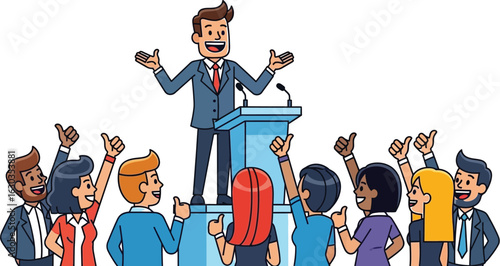 Speech with Speaker and Audience Giving Thumbs Up, Cartoon Style
