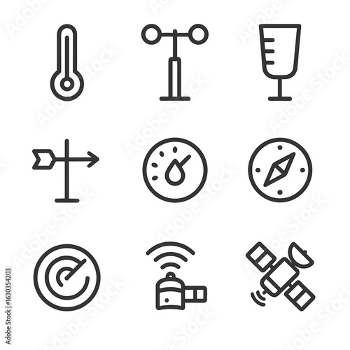 Weather Instruments Icons. Outline icon set of weather instruments: thermometer, anemometer, barometer, rain gauge, wind vane,