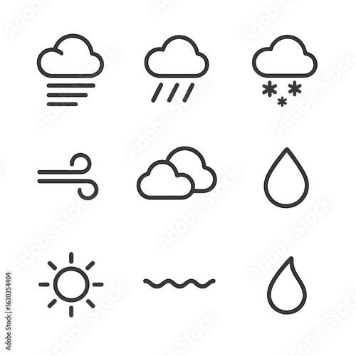 Weather Softness Icons. Outline icon set of softness in weather: mist, gentle rain, snow flurry, light breeze, fog, soft sunlight,