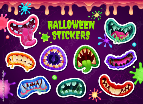 Stickers pack of Halloween scary monster grin jaws of vampire or werewolf, cartoon vector. Halloween holiday stickers of spooky scary monster or zombie beast mouth with fangs and saliva on ogre teeth