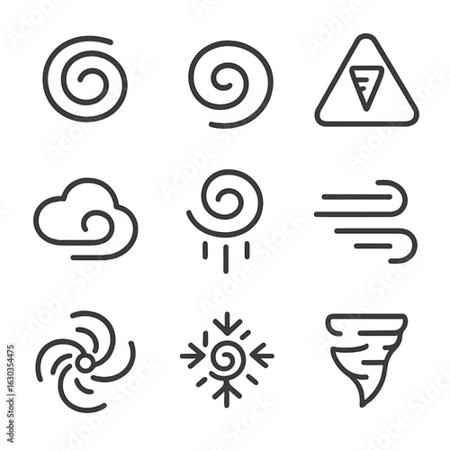 Weather Whirl Icons. Outline icon set of whirl in weather: cyclone symbol, hurricane eye, tornado warning, swirling cloud,