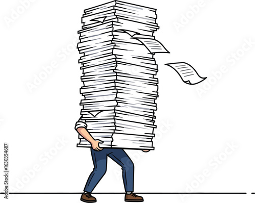 Overworked employee carrying a huge stack of papers in the office