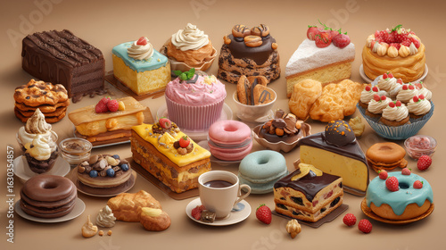 3d dessert. Bakery shop sweets, pastries and cakes. Realistic ice cream, pie and cookies. Chocolate and cupcake, donut, pithy vector clipart