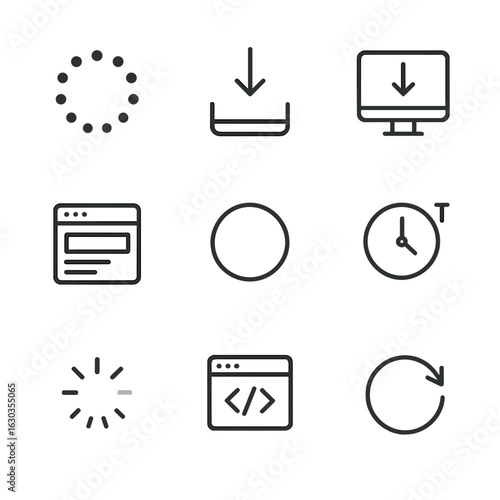 Web Loading Icons. Outline icon set of web loading UI: preload animation, fetch data icon, infinite scroll, skeleton screen,