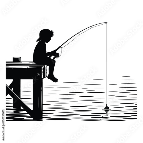 Illustration of child fishing from a dock silhouette