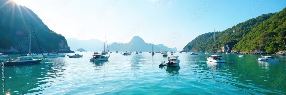 Fototapeta premium A tranquil scene of numerous boats anchored in a calm bay, gently bobbing on the water under a clear sky Perfect for travel, vacation, or nautical themes , fishing boats, landscape, peaceful