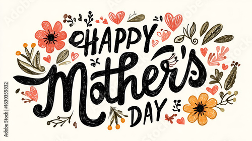 beautiful happy mother's day typography with decorative flowers and hearts. versatile design for creating cards, posters, and heartfelt digital messages.